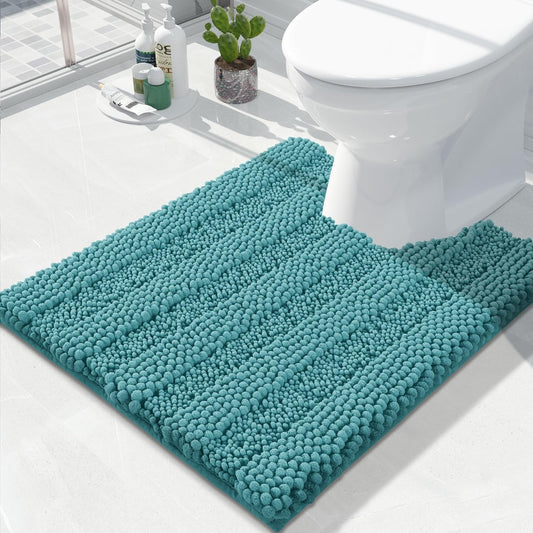 Yimobra Toilet Rugs U Shaped Washable 24 x 20, Non Slip and Super Absorbent Toilet Mat, Quick Dry, Ultra Luxury Microfiber Chenille Plush Fluffy Contour Bath Rugs for Toilet Base, Teal Blue