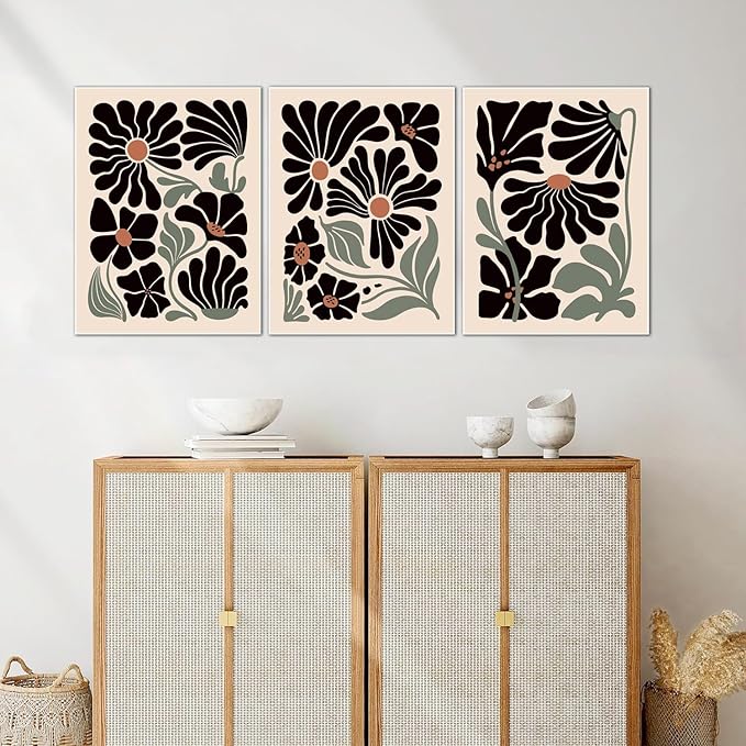 Hwetui Boho Wall Art Set of 3 Abstract Black flowers Plant Poster Vintage Green Floral Canvas Prints Neutral Home Decor Aesthetic Bohemian Artwork Painting Pictures for living room16''x24''Unframed