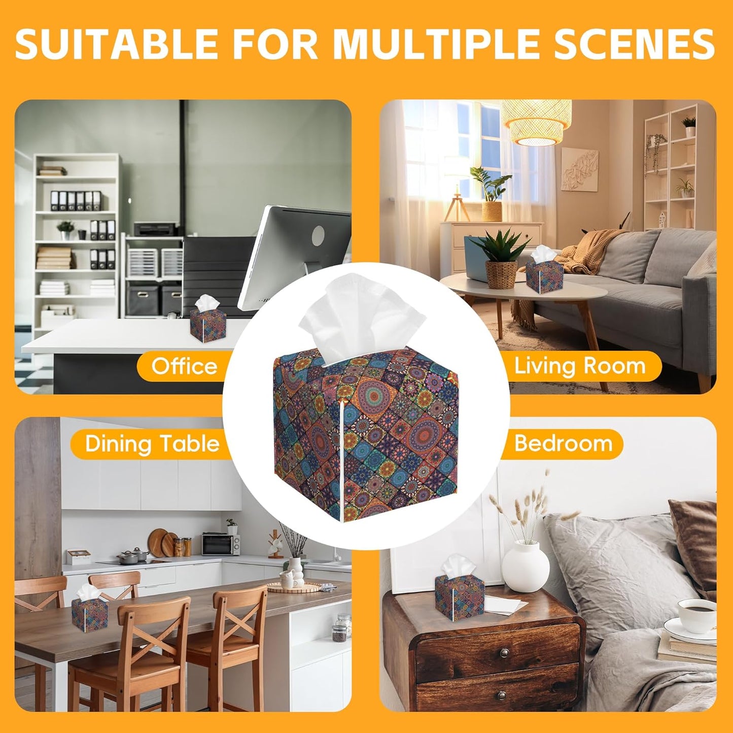 Tissue Box Cover Square, Boho Mandala Floral Morocco Tiles Leather Tissue Box Cover Decorative Facial Paper Organizer Dispenser for Bathroom Kitchen Bedroom Vanity Countertop Night Stands