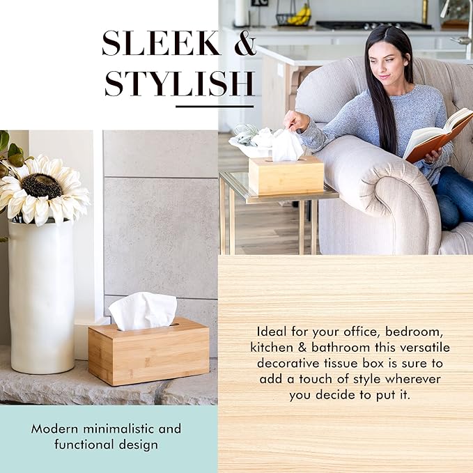 JUSK Design Tissue Box Holder, Modern, Minimalist, and Durable Wooden Tissue Box with Sliding Bottom, Easy-Refill Premium-Quality Bamboo Tissue Box Cover, Fits 184-Count Box, Rectangular