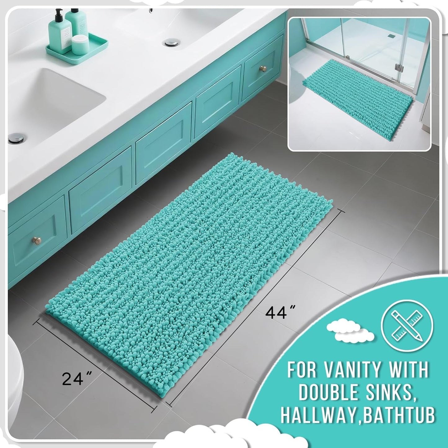 Yimobra Long Bathroom Rugs Non Slip Washable 44x24 Inch - Ultra Soft Absorbent Chenille Bath Mat, Quick Dry Shaggy Floor Carpet for Tub Shower, Lake Blue Home Decor Accessories