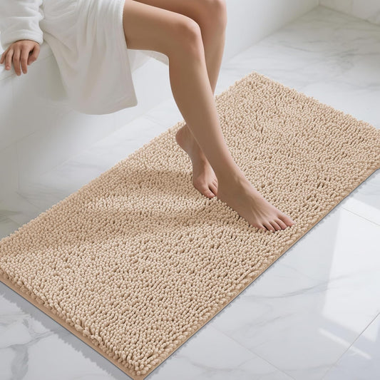 Yimobra Long Bathroom Rugs 47"x24", Extra Soft Non Slip Bath Mat for Tub, Super Absorbent Quick Dry Shaggy Rug Floor Carpet, Machine Washable,Beige