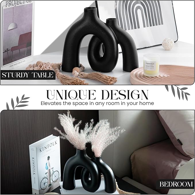 Ceramic Hug Vase (Deep Black) Modern Donut Style Hugging Vases for Flowers Minimalist Decor – Hollow Ceramic Waterproof Home Decor Vases for Living Room, Bed Room, Book Shelf, Entryway Table.