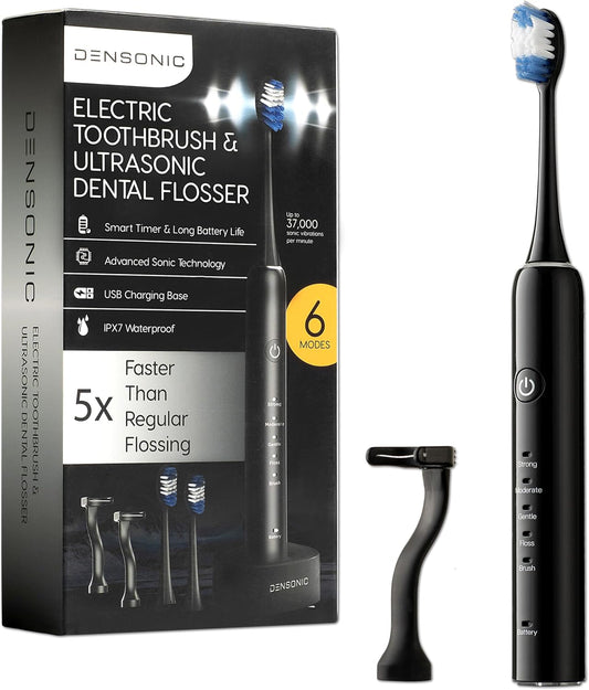 Electric Toothbrush and Flosser Combo Kit | Deep Clean Rechargeable Toothbrush | Easy Gliding Dental Floss for Gentle Gum Care | Cordless Sonic Power | 6 Cleaning Modes | Black