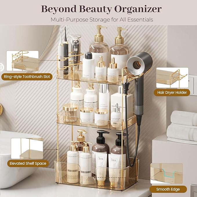 Aveniee Bathroom Counter Organizer,3 Tier Skincare Perfume Countertop Storage with Hair Dryer Rack and Toothbrush Holder, Cosmetic Makeup Tray for Vanity - Gold