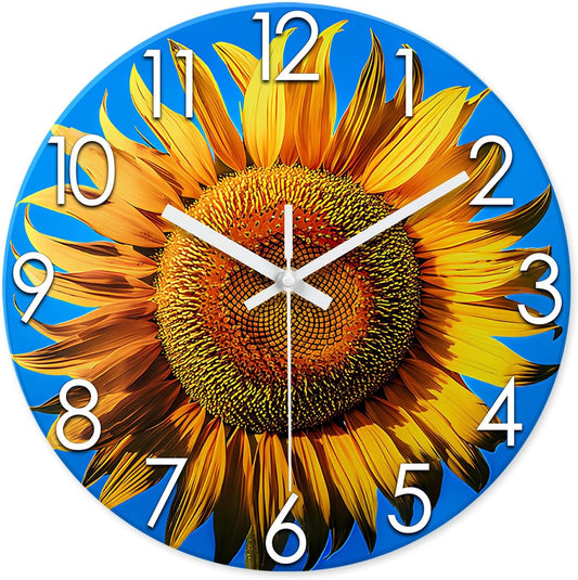 XFM Sunflower Kitchen Decor 12 Inch Silent Glass Wall Clocks Battery Operated Yellow Floral Round Clock Decorative for Living Room Bedroom Decor