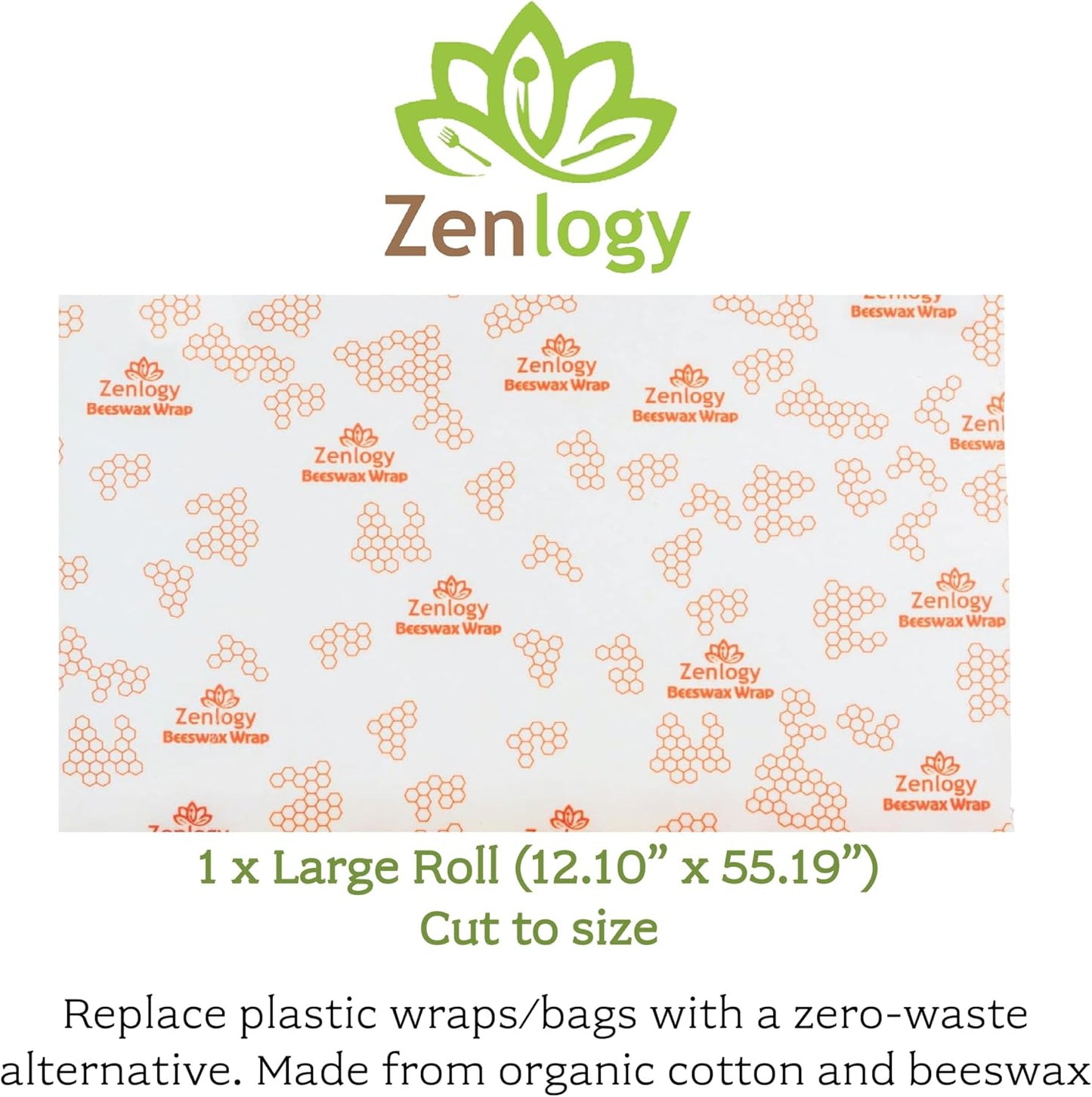 Zenlogy Reusable Beeswax Food Storage Wrap, Eco Friendly Alternative, Sustainable Organic Cut to Size Cotton Beeswax Wraps, 1 Roll, 13in x 55in (33cm x 140cm)