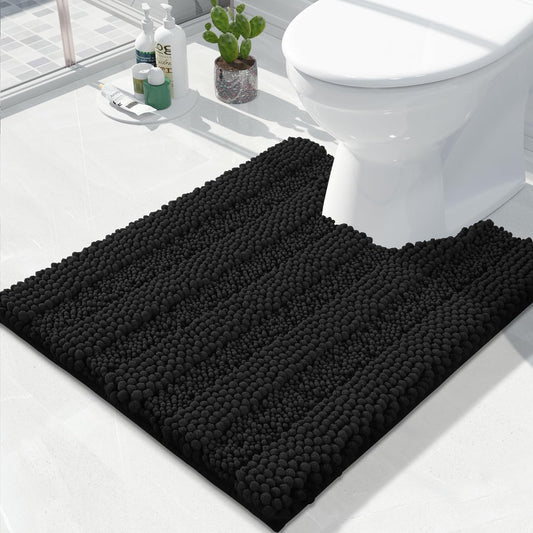 Yimobra Toilet Rugs U Shaped Washable 24 x 20, Non Slip and Super Absorbent Toilet Mat, Quick Dry, Ultra Luxury Microfiber Chenille Plush Fluffy Contour Bath Rugs for Toilet Base, Black