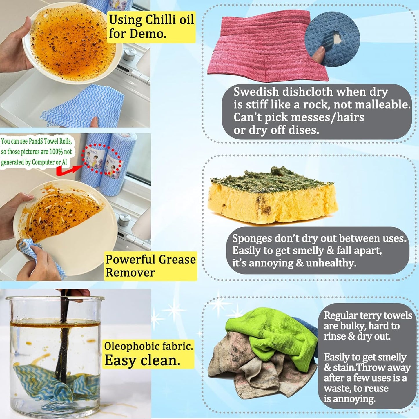 Washable Paper Towels Reusable 2 Pack, 120Ct Dish Cloths for Kitchen, Disposable Cleaning Wipes, Odor Free Quick Dry, Blue & Pink Rolls