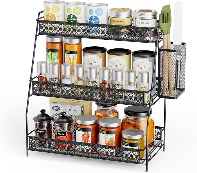 Vintage 3 Tier Spice Rack Organizer for Kitchen Counter, Bathroom Counter Organizer with Bonus Basket, 3 Tier Bathroom Counter Organizer for Spices Makeup Perfumes, Retro Countertop Organizer