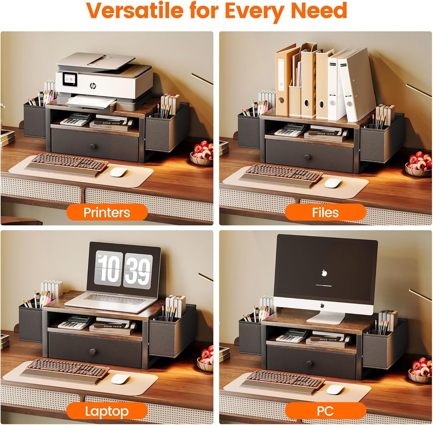 Desk Organizers and Accessories, 3-Tier Computer Monitor Stand Riser with Fabric Drawer & 6 Pen Holder, Office Desk Accessories Workspace Desktop Organizer for Office Supplies, Rustic Brown