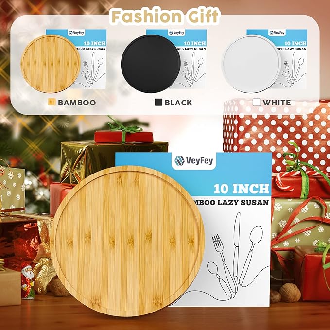 Lazy Susan Organizer, 10 Inch Non-Skid Bamboo Turntable Organizer for Salt Pepper Olive Oil and Spices Next to Stove, Wooden Lazy Susan for Table or Kitchen Countertop Organizer