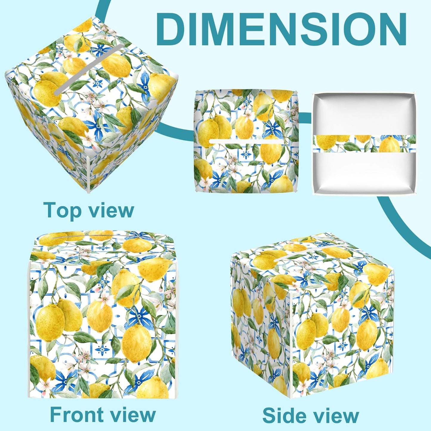 Watercolor Lemons Leather Tissue Holder,Blue Tiles Square Tissue Box Cover with Bottom Belt,Modern Decorative Facial Tissue Paper Cover for Bedroom Nightstand Vanity Desk Office,5.2" x 5.2" x 5.2"