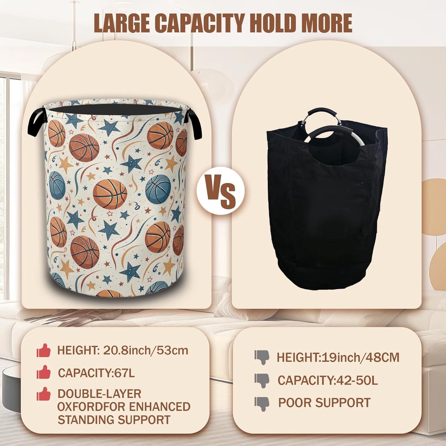 Basketballs Stars Laundry Hamper,Laundry Baskets,Waterproof Oxford Cloth Toy Storage for Bedroom,Bathroom,Nursery,16x20.8 Inch