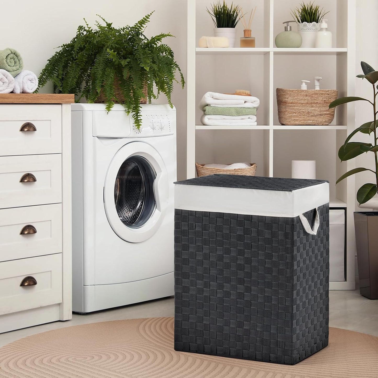 YOUDENOVA Handwoven Laundry Basket Hamper with Removable Liner Bag and Lid, Collapsible Clothes Hamper with Handle, Black