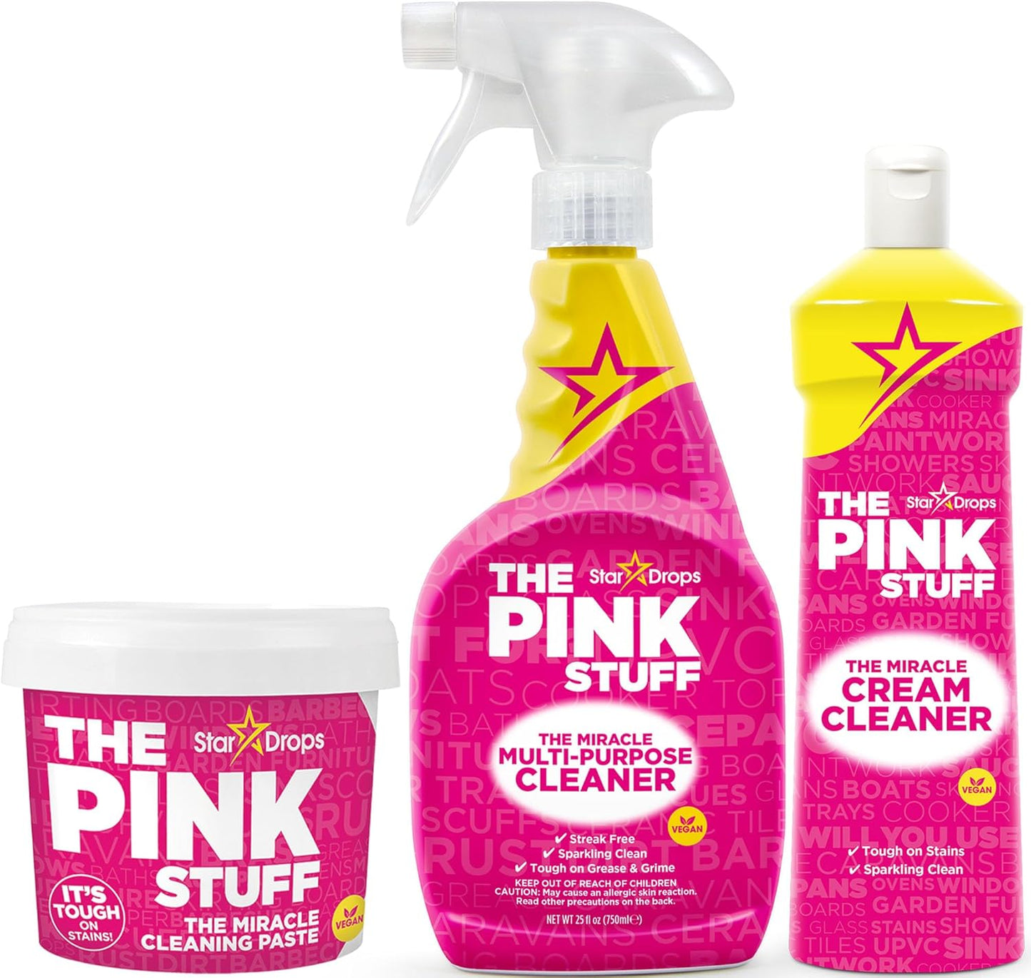 Stardrops The Pink Stuff Miracle Cleaning Bundle – Multi-Purpose Paste, Spray & Cream Cleaner (3-Pack) – Tough on Stains, Gentle on Surfaces