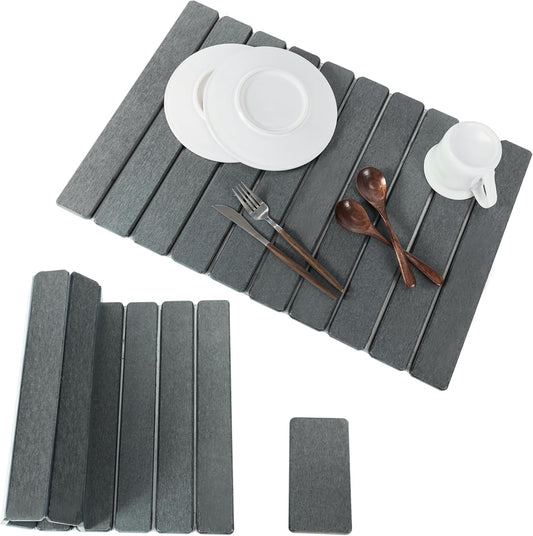 2pcs Stone Dish Drying Mat for Kitchen Counter, Quick-Dry Diatomaceous Earth Water Absorbent Pad & Countertop Drainer, Home Essentials for Bath and Pets - Dark Grey, 24x16’’ & 8x4’’