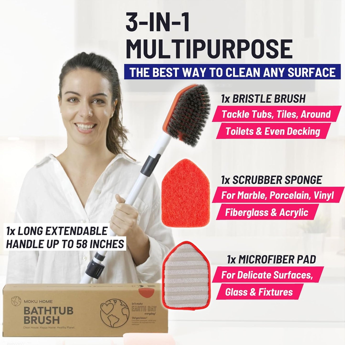 Shower Scrubber 3 in 1 Extendable Long Handle 58" Cleaning Brush - Non Scratch Shower Brush for Cleaning Bathroom Kitchen Toilet Wall Tub Tile Sink (Red)