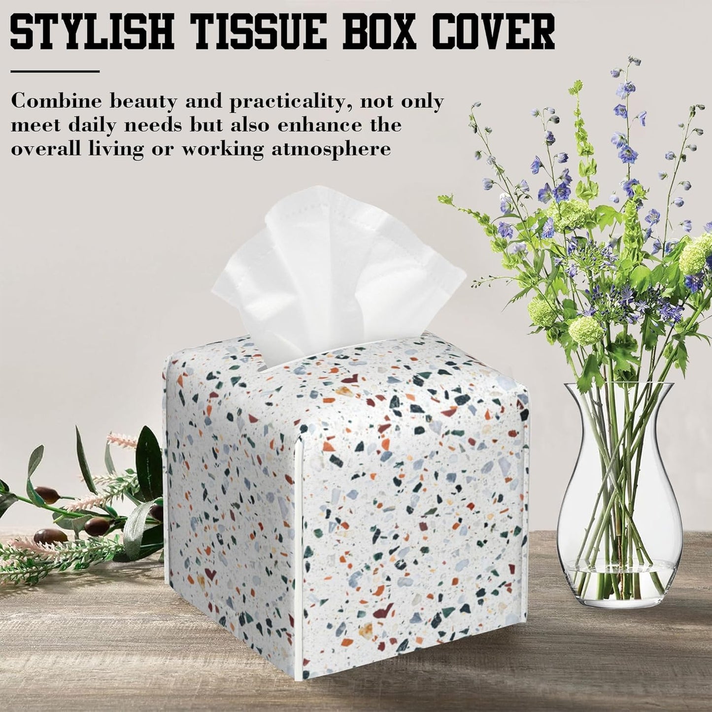 Tissue Box Cover Terrazzo Marble Tile Leather Tissue Box Holder Cube Paper Case Cover Facial Paper Organizer Dispenser for Bathroom, Vanity Countertop, Office Desk