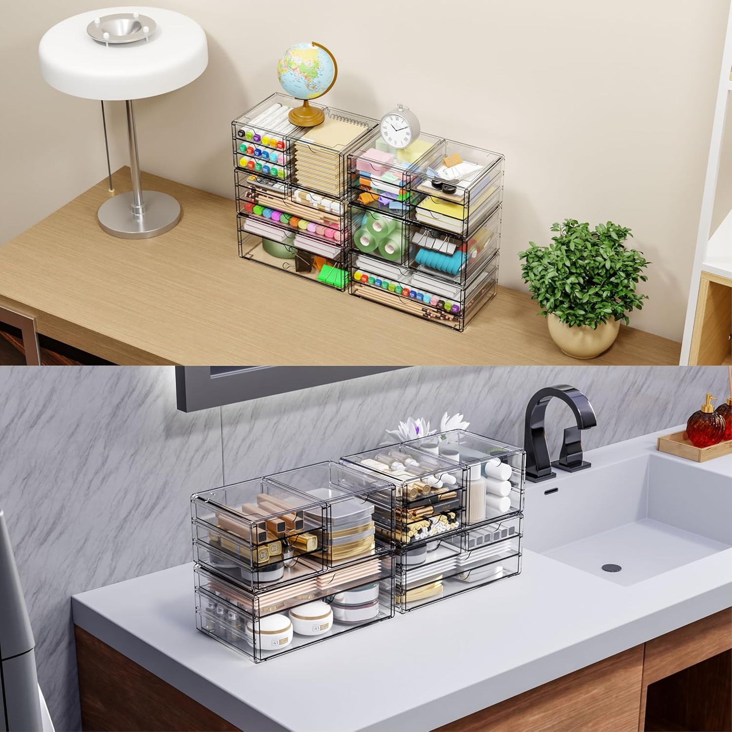 Yieach 2 Pack Acrylic Storage Drawers With 4 Drawers,Stackable Desk Organizers and Makeup Organizer,Large Clear Office Supplies Organizer for Pen,Medical,Art Craft,Stationery Organizer for Countertop