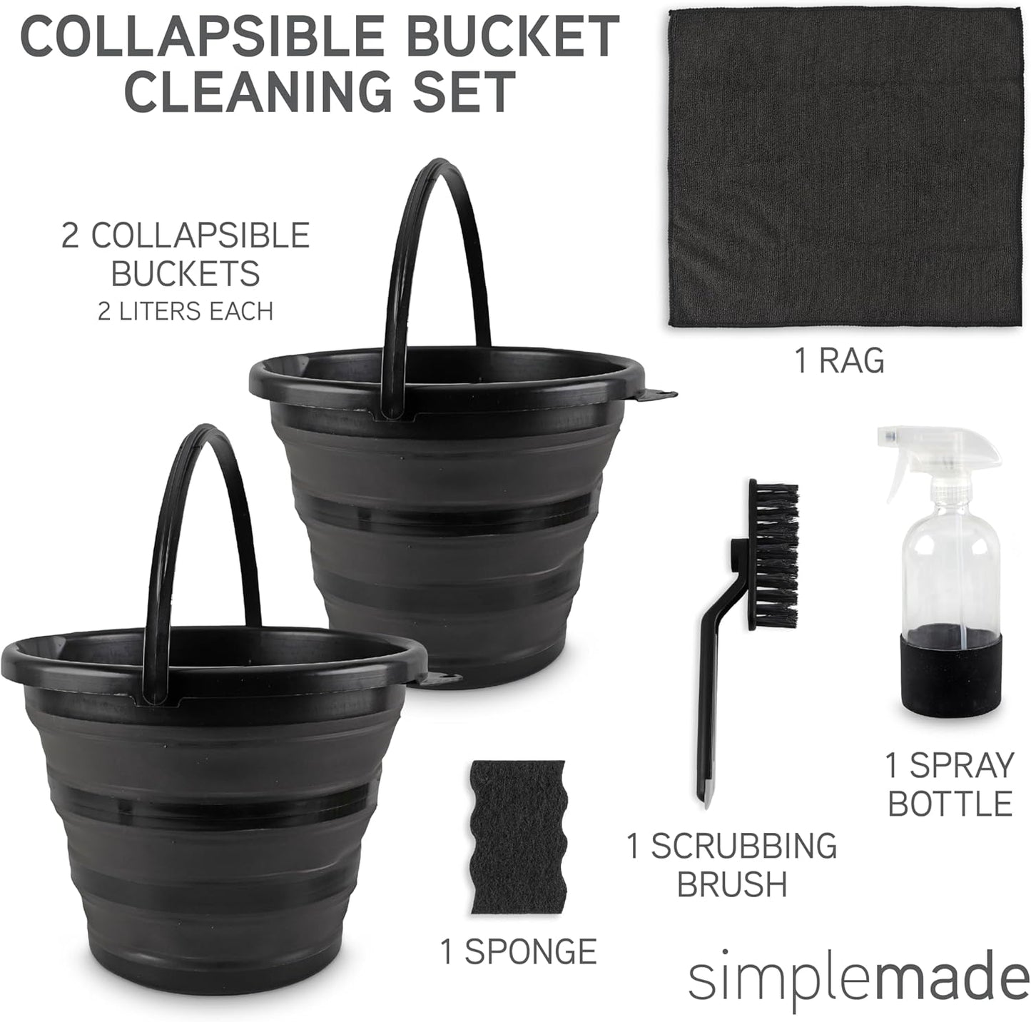 SIMPLEMADE Collapsible Bucket Cleaning Set - Includes 2 Foldable Buckets, Spray Bottle, Rag, Scrubbing Brush and Sponge - Holds Up to 10 liters, Easy Storage, All-Purpose Cleaning Solution