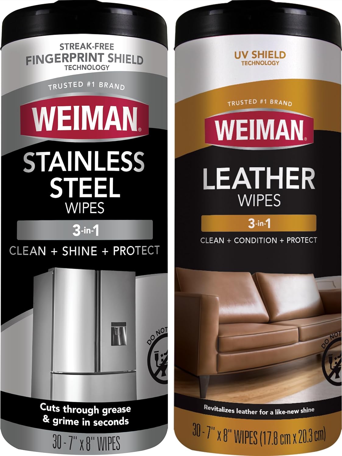 Weiman Stainless Steel Wipes and Leather Wipes - Clean and Polish Appliances for a Brighter and Longer Shine - Clean, Condition and Restore Leather Surfaces - Packaging May Vary