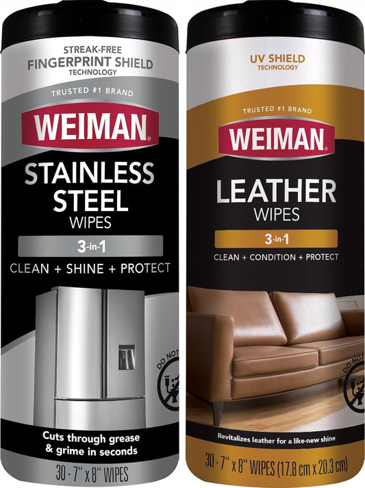 Weiman Stainless Steel Wipes and Leather Wipes - Clean and Polish Appliances for a Brighter and Longer Shine - Clean, Condition and Restore Leather Surfaces - Packaging May Vary