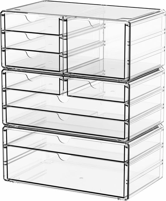 Yieach 3 Pack Clear Storage Drawers With 10 Drawers,Stackable 11.1” Large Acrylic Drawer Organizer and Makeup Organizer For Vanity,Bathroom Countertop,Cabinet,Pantry,Office Supply Storage Bins Drawers