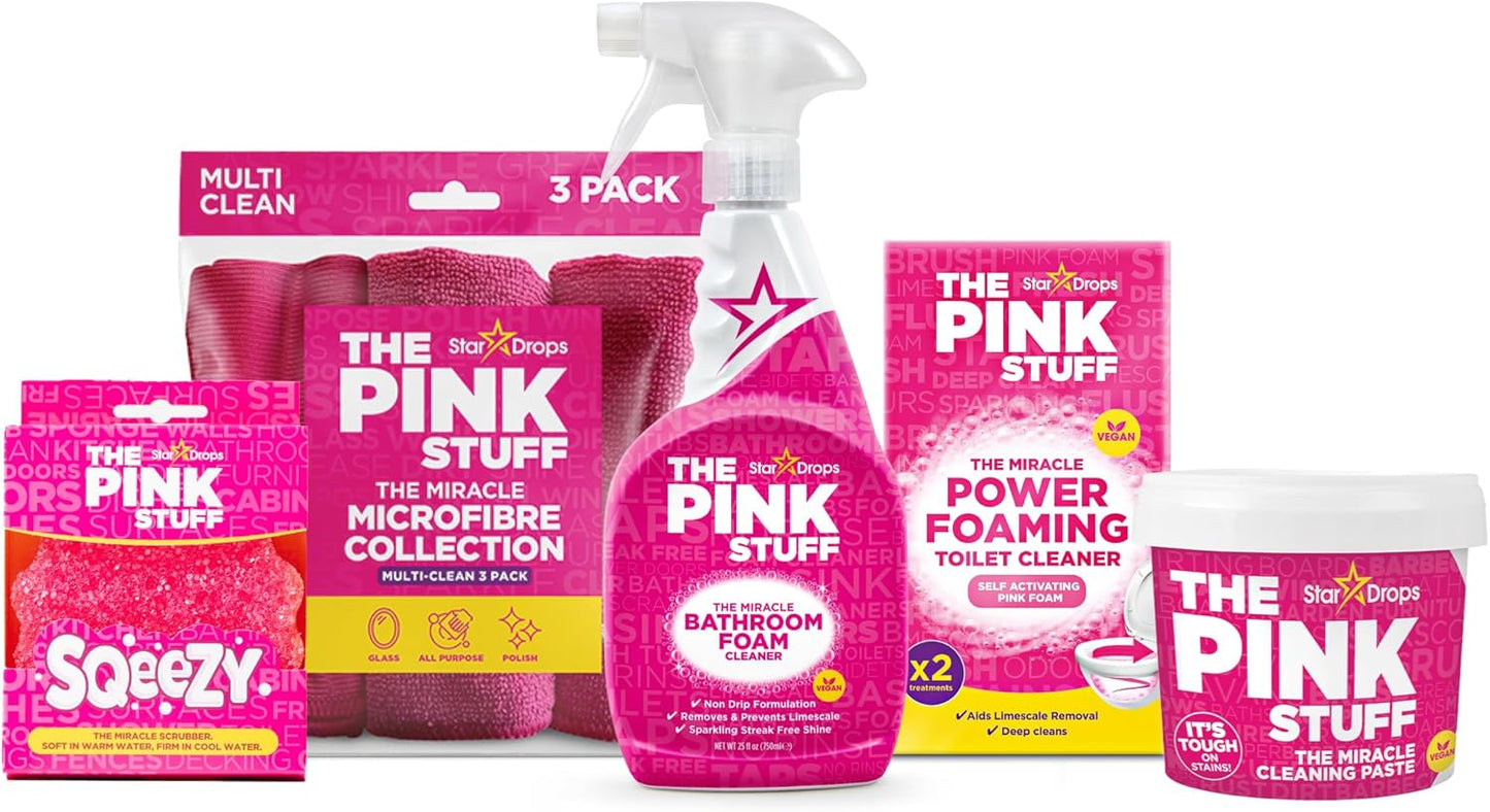 Stardrops - The Pink Stuff Bathroom Cleaning Kit – Cleaning Paste, Bathroom Foam Spray, Toilet Foaming Powder, SQeeZY Sponge & 3 Microfiber Cloths – Tough on Stains, Grease & Soap Scum