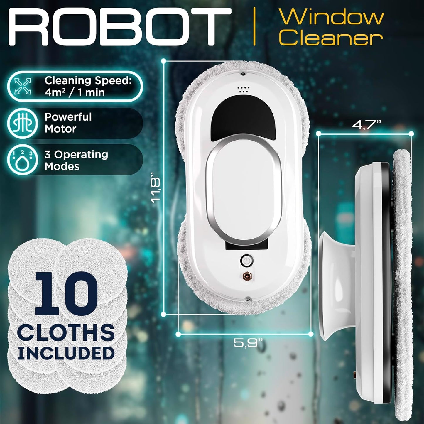 White Automatic Window Cleaner Robot W100, 11.8 x 5.9 x 4.7 Inch with 3 Modes and 10 Cloth Pads. Window Vacuum Cleaner for Windows Without Water Spray. Automatic Glass Cleaner Vacuum, 72dB
