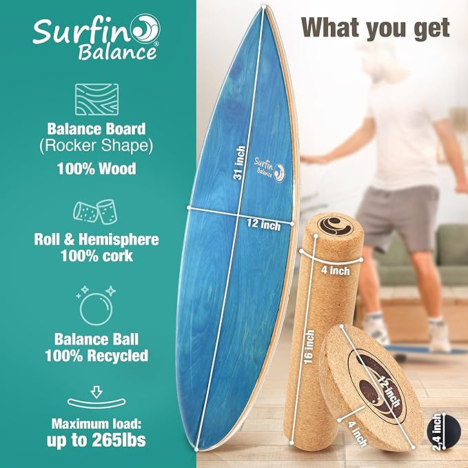 Wooden Balance Board - unique [incl. corc roller, corc hemisphere and balance ball] Balance Board Kids - Balance Boards for Adults - Indo Board Mobo Board Gibbon Board Giboard Slackboard Balancing