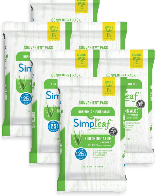 Simpleaf Flushable Wet Wipes Aloe Vera| Eco-Friendly, Paraben & Alcohol Free | Hypoallergenic & Safe for Sensitive Skin | Soothing Aloe Formula | (6 x 25 Counts Convenient Pack) 150 Counts Total