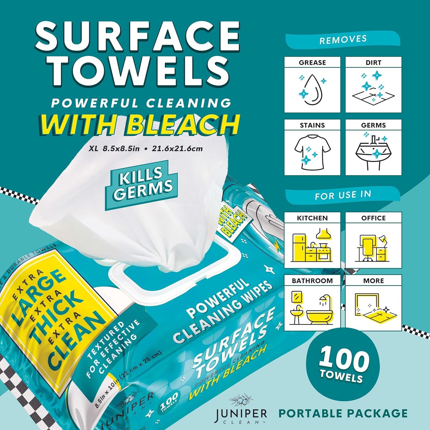 3 Packs Surface Wipes with Bleach, Thick & Large Dispose, All-Purpose Cleaner for Bathroom, Kitchen, Office, 300 Count Soft Flow, Biodegradable, Fresh Scent