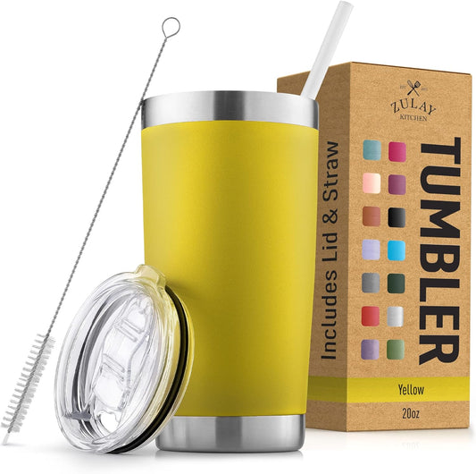 Zulay 20oz Stainless Steel Tumbler With Lid and Straw - Sweat-Free Travel Coffee Mug Tumbler Cups - Double Walled Insulated Travel Mug For Hot and Cold Drinks (Yellow)