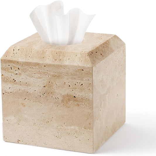 WORHE Tissue Box Cover Italy Natural Travertine Stone Heavy Duty Square Facial Toilet Paper Holder for Bathroom Living Room Bedroom Dresser Kitchen Minimalistic Office Home Decor Beige (TBC145WT)