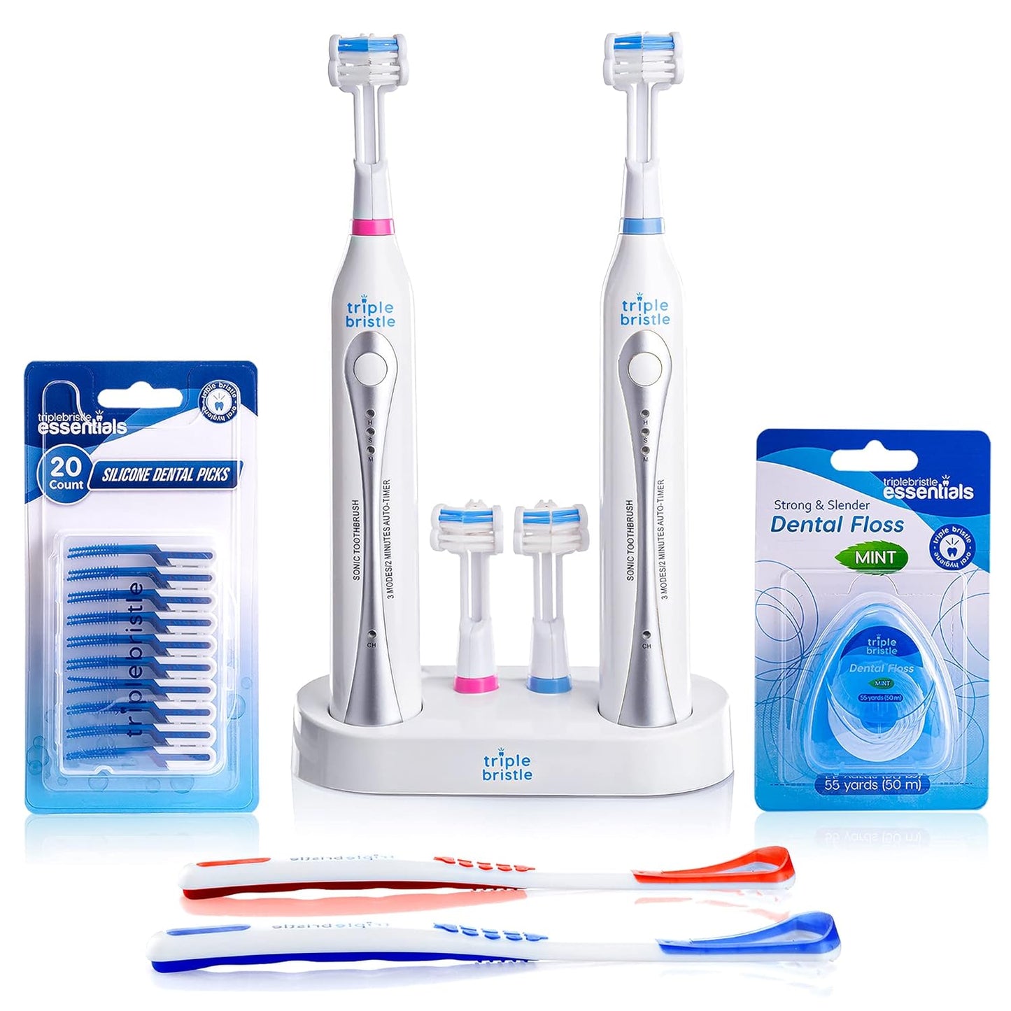 Triple Bristle Duo | 2 Sonic Toothbrushes with Dual Charging Station | Patented 3 Head Design | 31,000 VPM Electric Toothbrush Set | for Adults, Families & Couples | Triple Bristle Duo + Oral Kit
