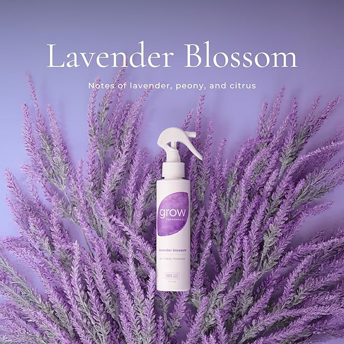 Grow Fragrance Scented Fabric and Room Air Freshener Spray - Certified Non-Toxic, 100% Plant-Based Essential Oils - 5 oz (Lavender Blossom + Black Currant Rose 2-Count)