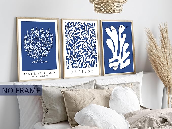 Henri Matisse Canvas Wall Art Poster Set of 3, Abstract Blue and White Line Wall Decor Paintings, Modern Minimalist Prints Aesthetic Home Decor for Living Room Bedroom Office 12x16 inch Unframed