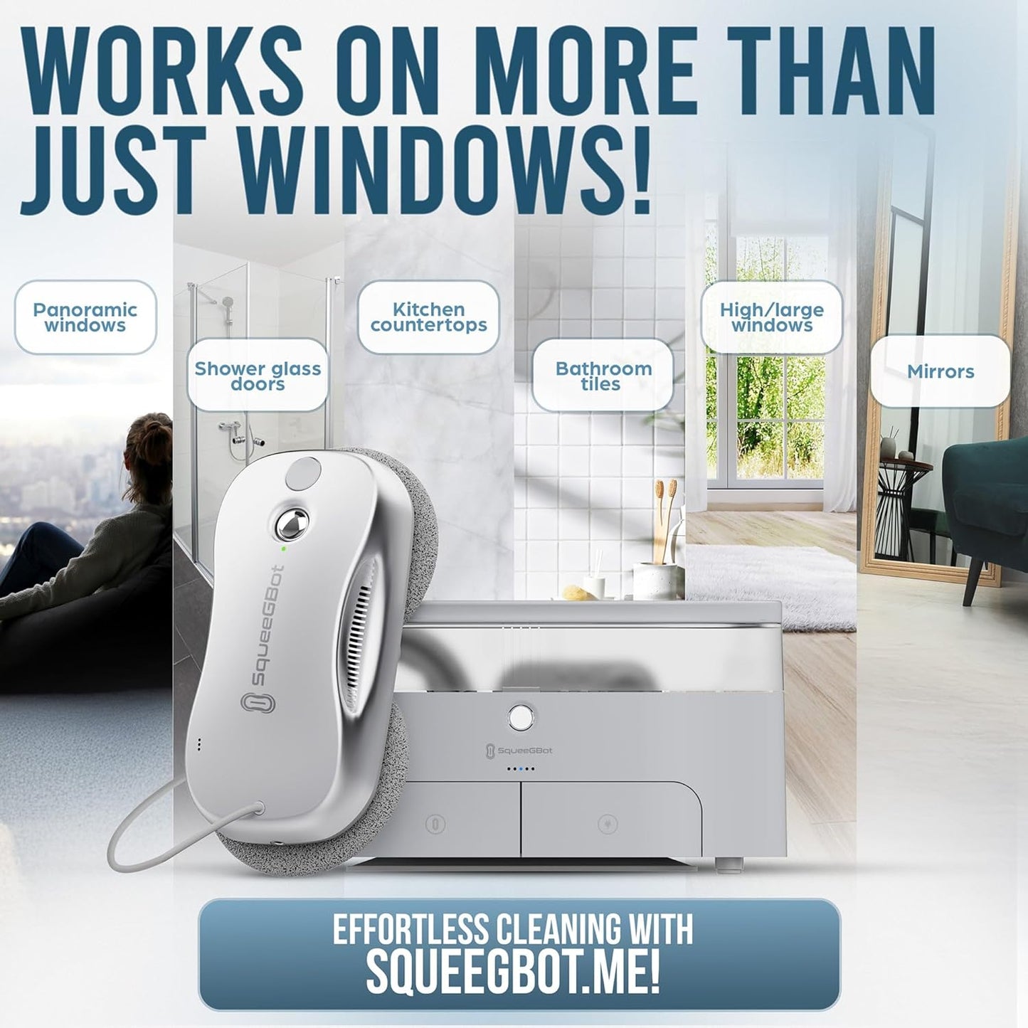 SqueeGBot Window Cleaning Robot Ideal for Panoramic Windows, Tiles, Mirrors, Robot Windows Cleaner with Intelligent AI 5.0 Navigation, Electric Window Cleaner Water Spraying, up to 5300 Pa
