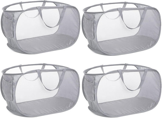 4 Pack Collapsible Laundry Baskets, Foldable Laundry Basket with Pocket, Durable Pop Up Hampers, Reinforced Handles Dirty Clothes Hamper for Laundry, Bedroom, Bathroom, Dorm, Travel or Camping Grey