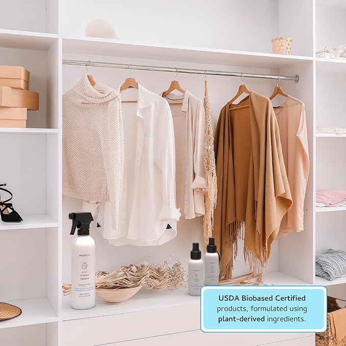 Begley's 3-in-1 Wrinkle Remover, Quick Fix Wrinkle Release, Static Cling Remover, Odor Eliminator and Fabric Refresher Spray - Plant-Derived, USDA Certified Biobased - Fragrance-Free, 3 oz Travel Size