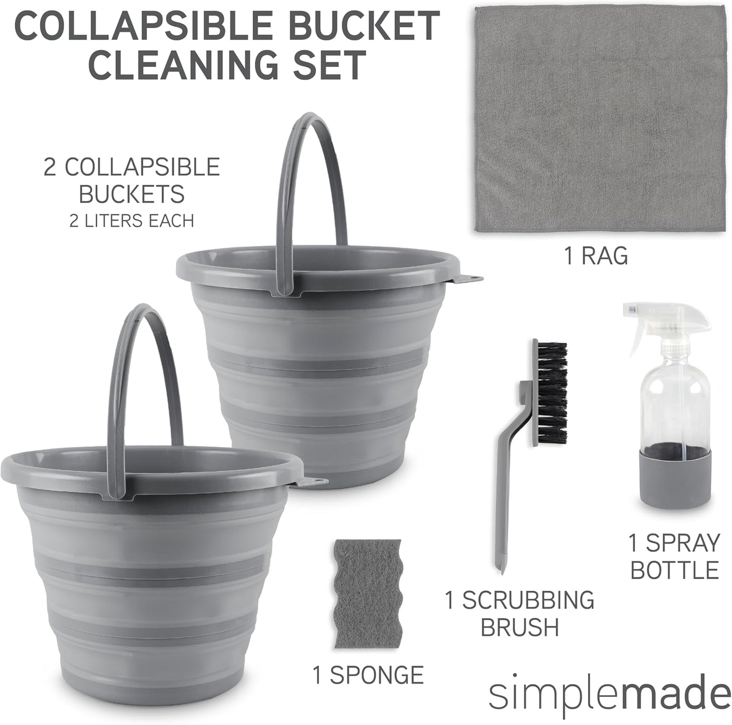 SIMPLEMADE Collapsible Bucket Cleaning Set - Includes 2 Foldable Buckets, Spray Bottle, Rag, Scrubbing Brush and Sponge - Holds Up to 10 liters, Easy Storage, All-Purpose Cleaning Solution