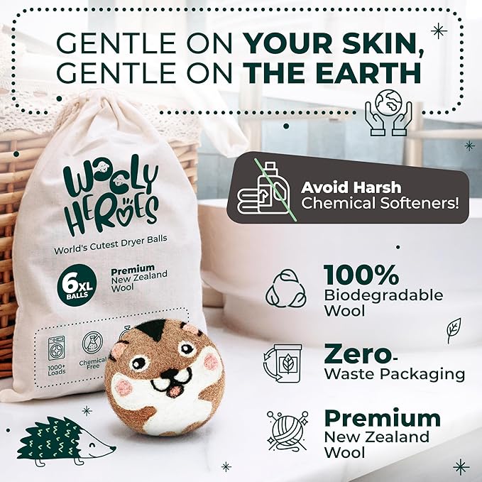 No More Dryer Sheets! Reusable Wool Dryer Balls XL 6-Pack - Reduces Static, Cuts Dry Time, & Softens Naturally