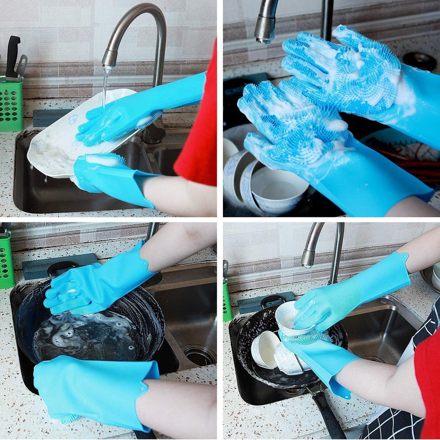 Silicone Gloves with Built-in Scrubbing Bristles +2 Wire Mesh Dishwashing Scrubber Cloths Reusable Cleaning Gloves & Kitchen (Grey)