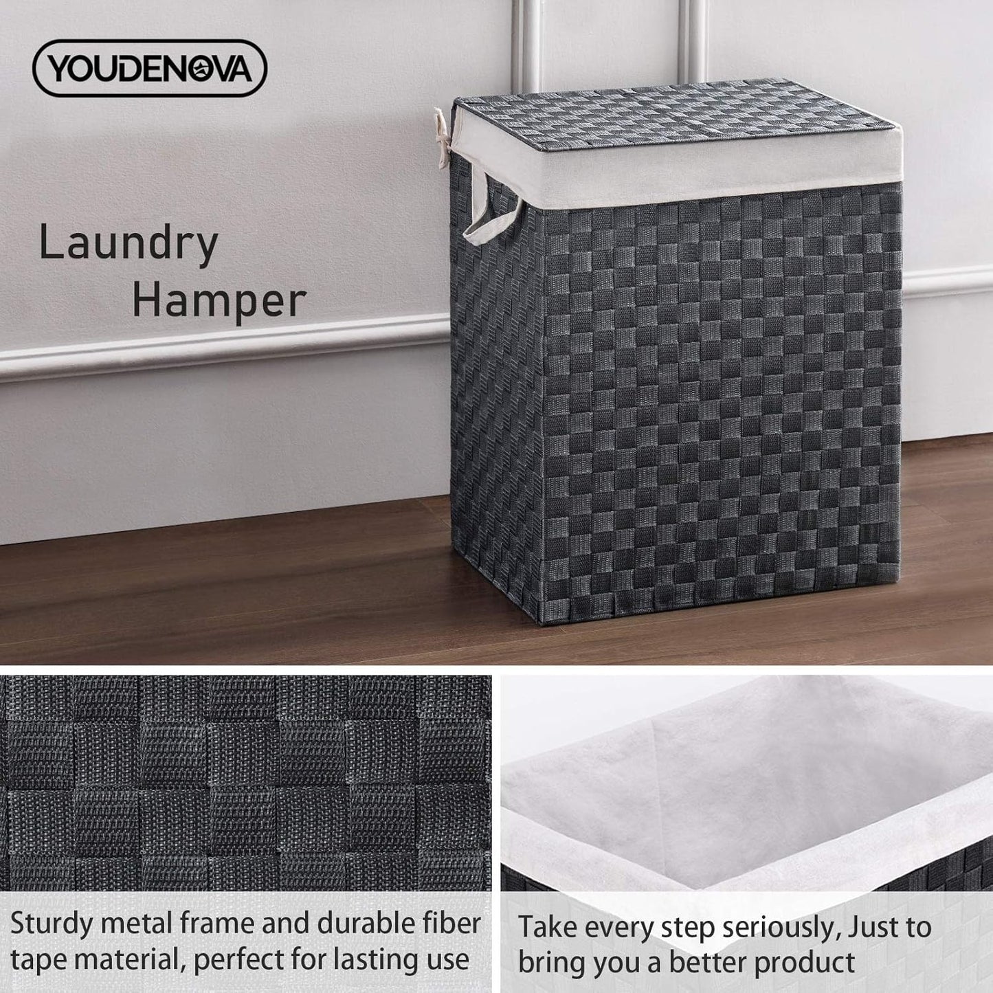 YOUDENOVA Handwoven Laundry Basket Hamper with Removable Liner Bag and Lid, Collapsible Clothes Hamper with Handle, Grey