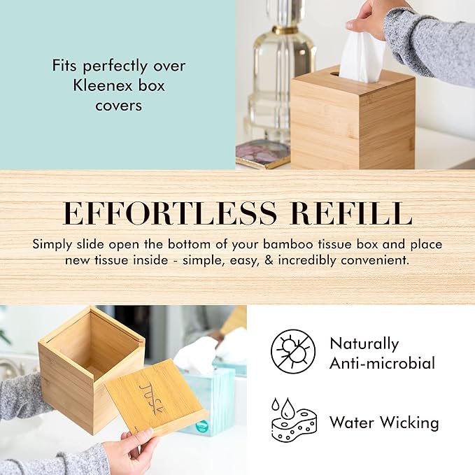 JUSK Design Tissue Box Holder - Modern, Minimalist, Durable Wooden Box with Sliding Bottom, Easy-Refill - Premium-Quality Bamboo Cover, Square