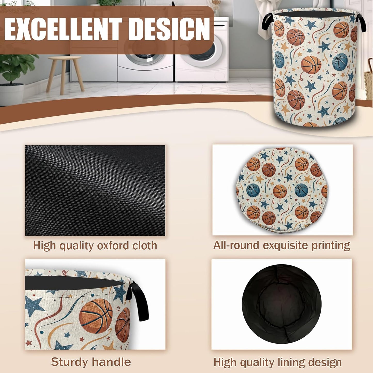 Basketballs Stars Laundry Hamper,Laundry Baskets,Waterproof Oxford Cloth Toy Storage for Bedroom,Bathroom,Nursery,16x20.8 Inch