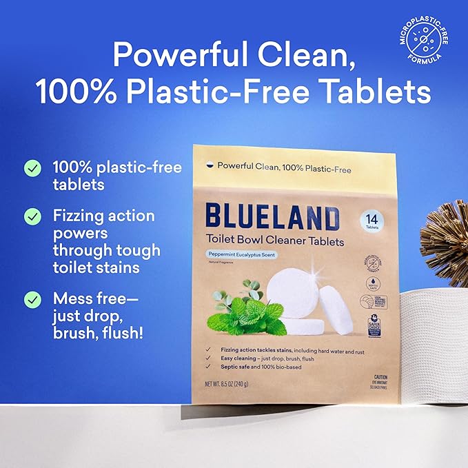 BLUELAND Toilet Bowl Cleaner Tablets, Starter Set, 14 Count with Tin, Peppermint Eucalyptus, Plastic-Free, No Harsh Chemicals, Plant-Based