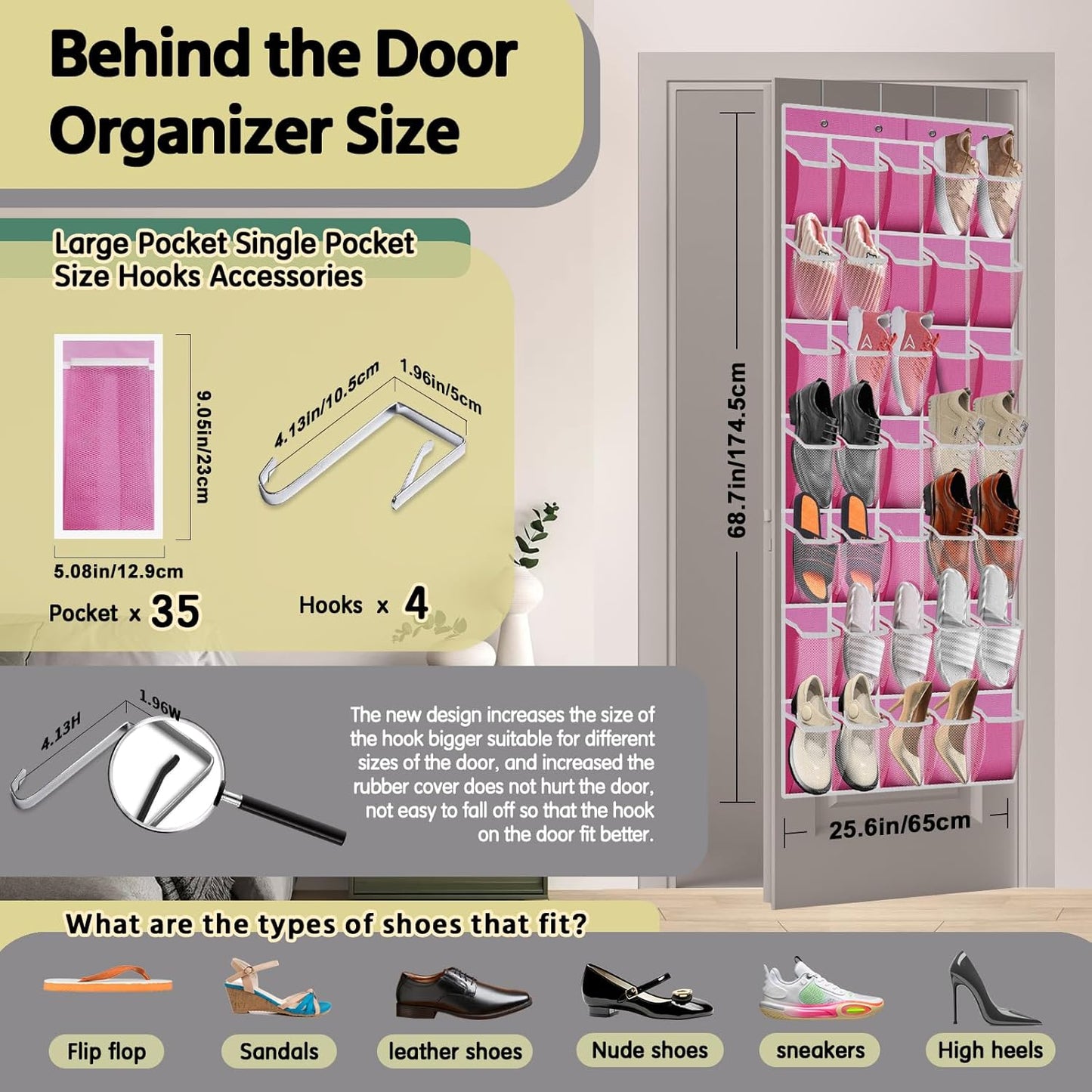 35 Pocket Over the Door Shoe Organizer,Reusable Breathable Large Mesh Bag Men's & Women's Sneaker Organizer,Shoe Organizer for Kids,Hanging Shoe Storage Hanging Bag (Pink)