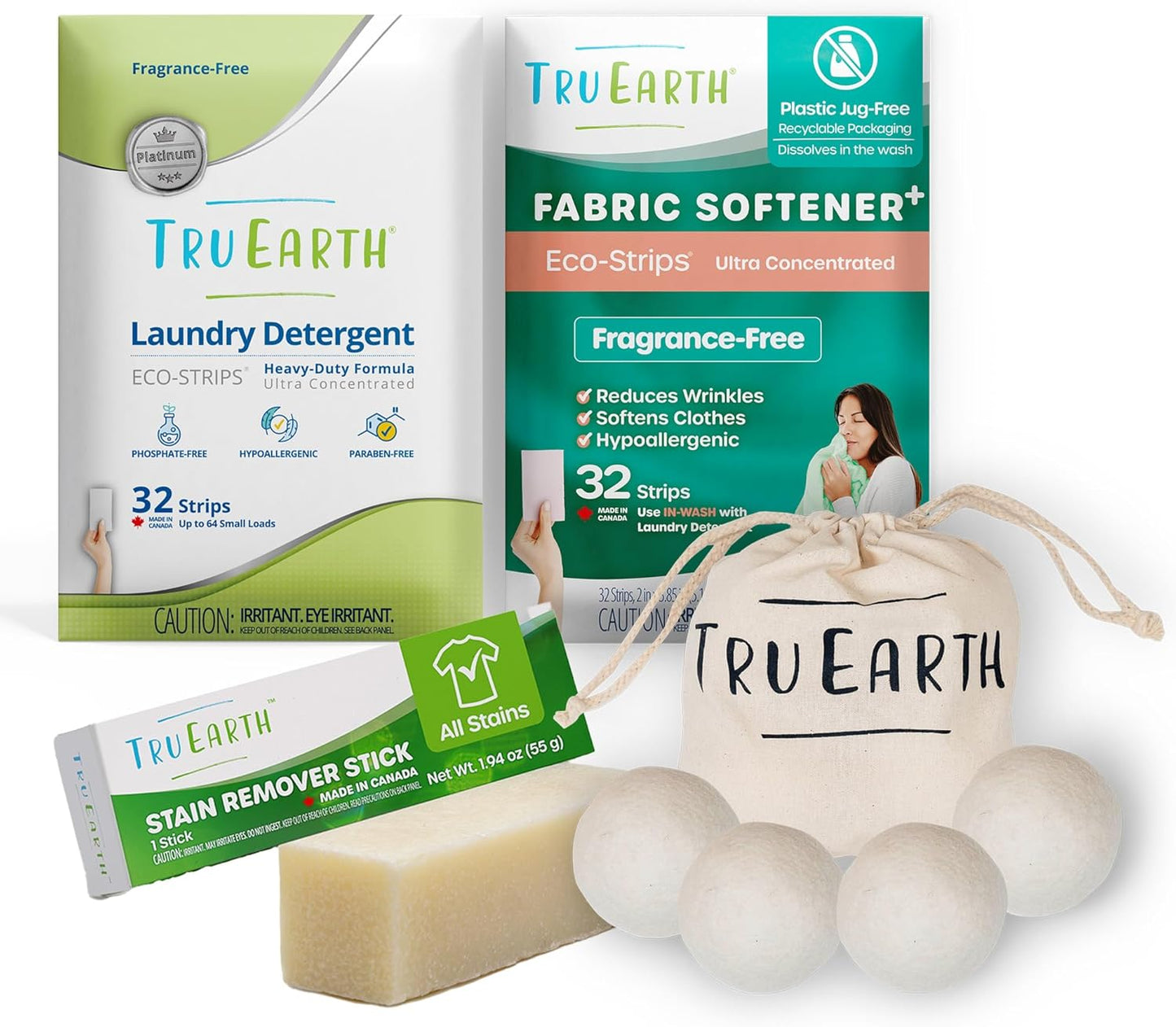 Tru Earth Platinum Laundry Essentials Bundle - Laundry Detergent Bundles Set with Fabric Softener, Laundry Sheets, Stain Remover Stick and Dryer Balls - Fragrance Free